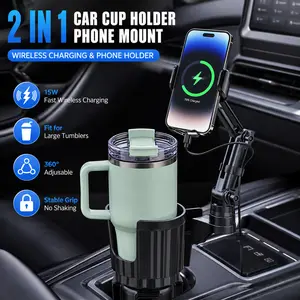 Car Cup Holder with Wireless Charger ,  15W Fast Charging Auto Clamping Cup Holder Expander for Car, Phone Holders for Your Car CupHolder Wireless Charger Compatible for All Smartphones