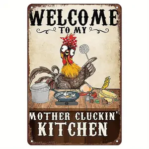 2D Vintage Chicken Kitchen Metal Sign - "Welcome to My Kitchen" | Humorous Cartoon Rooster Cooking Theme | Rustic Wall Art for Home, Bar, Cafe | Durable Tinplate Decor, Bar Wall Art|Vintage Metal Sign|Faderesistant Decor, Chicken Decor
