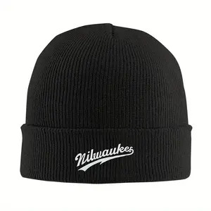 S&T 1 Piece Milwaukee Logo Knitted Skull Cap - Black Ribbed Winter Brimless Hat with Folded Cuff, Signature White Logo Badge, Unisex Warm Hat, Cold Weather Gear, Christmas/Halloween/New Year Gift (Milwaukee Brand Logo Accessory)