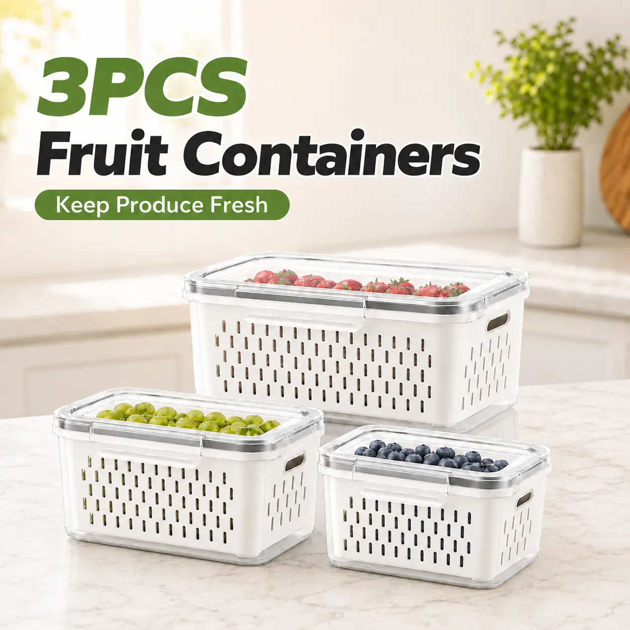 MIUVA 3PCS Plastic Container Set, Airtight Dust-Proof Produce Saver with Removable Drain Basket, Stackable Transparent Sealed Lid Boxes for Berries Meal Prep, Ideal for Fridge Organization, Food Hacks, House Organizers | Mid Year Sale