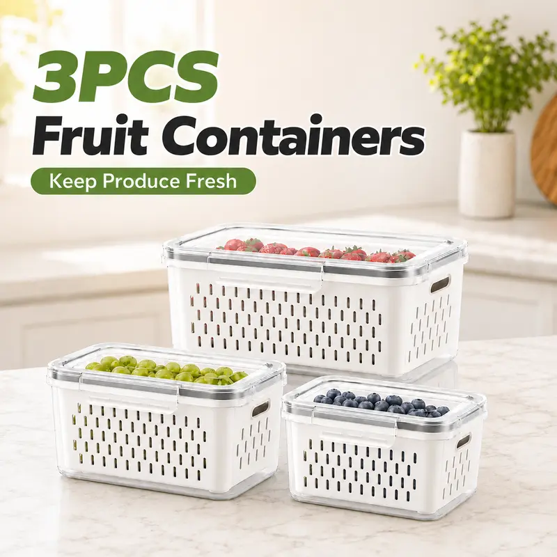 MIUVA 3PCS Kitchen Storage Set, Sturdy PP Body Resists Daily Wear Fridge Organizers with Container & Lid, Removable Drain Baskets, Stacks to Save Space, Dishwasher Safe Cold Food Storage for Fruits & Vegetables