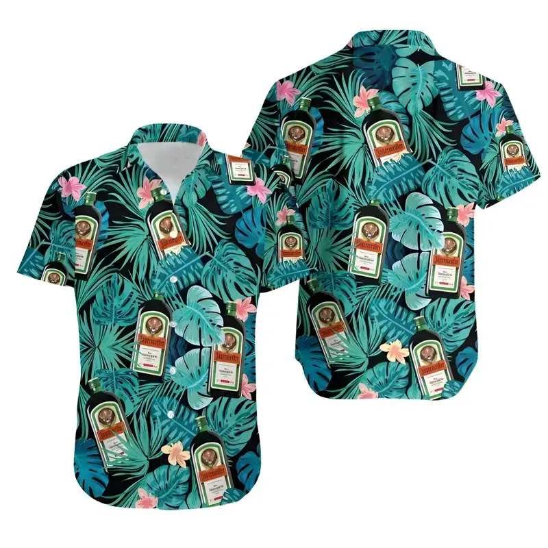 Jagermeister Hawaiian Shirt Tropical Leaf Floral Print Unisex Casual Summer Beach Vacation Festival Streetwear Loose Fit Breathable Cool Comfort Men Women Party Gift Drinking Lover