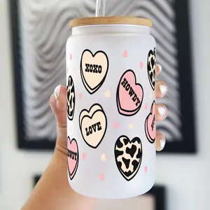 Howdy Valentine's Cow Print 16oz Glass Tumbler with Lid & Plastic and Glass Straws