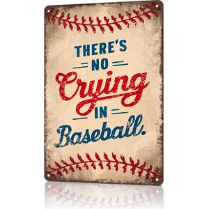 "There's No Crying In Baseball" Retro Metal Sign - 8x12 aluminum sports decor for man caves, game rooms, or TikTok baseball skits! Vintage red-and-blue design with baseball stitching, perfect for viral sports content and gift unboxings for baseball fans