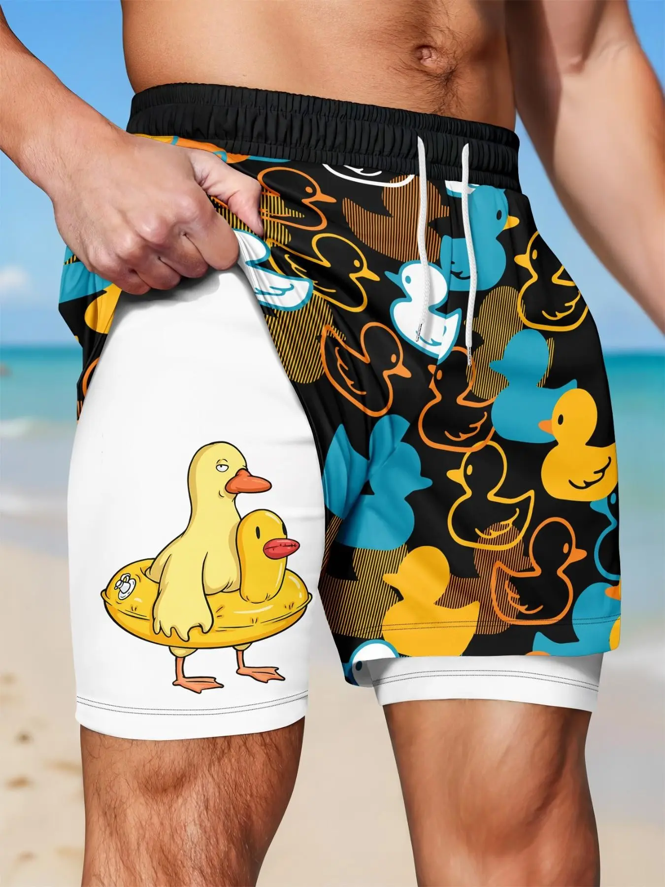 Men's Double-Layer Beach Shorts, Funny Rubber Duck Print Anti-Chafe Liner, Elastic Waist Drawstring Shorts for Gym, Running, Beach and Casual Wear, Graphic Loose Shorts