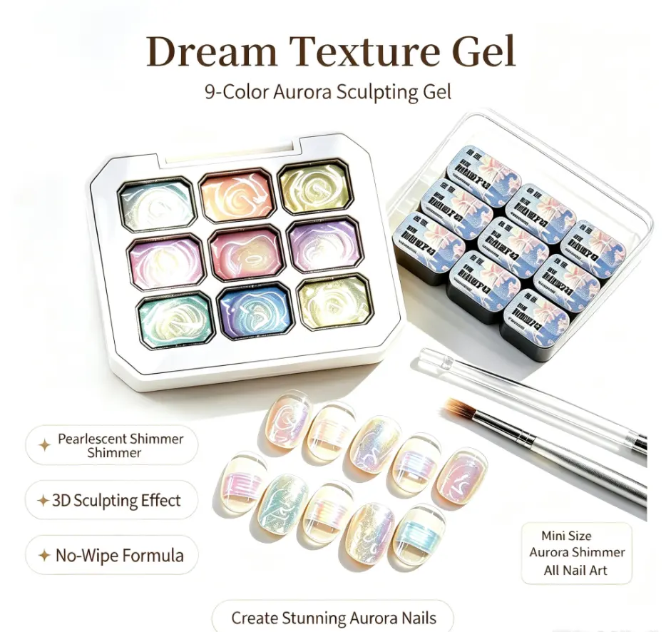 Dream Texture Gel Mini 9-Color Aurora Sculpting Gel with Pearlescent Shimmer 3D Texture No-Wipe Formula for Acetate Nail Art