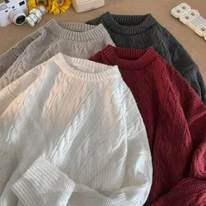 Men’s autumn warm knit sweater with a cable-knit design; trendy brand cable-knit outerwear; vintage crewneck pullover with an intricate twist pattern; new solid-color loose fit from a trendy brand featuring a cable-knit texture; knitted outerwear