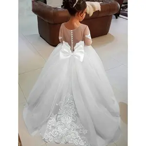 Girls' 9/16 Sleeve Puff Sleeve Princess Dress with Big Bow, Elegant Long Tulle Dress, 12 & Under, A-Line Silhouette,, Dry Clean Only, Perfect Performances & Occasions