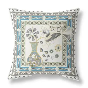 HomeRoots 481775 18 x 18 in. Off White Bird Blown Seam Floral Indoor & Outdoor Throw Pillow