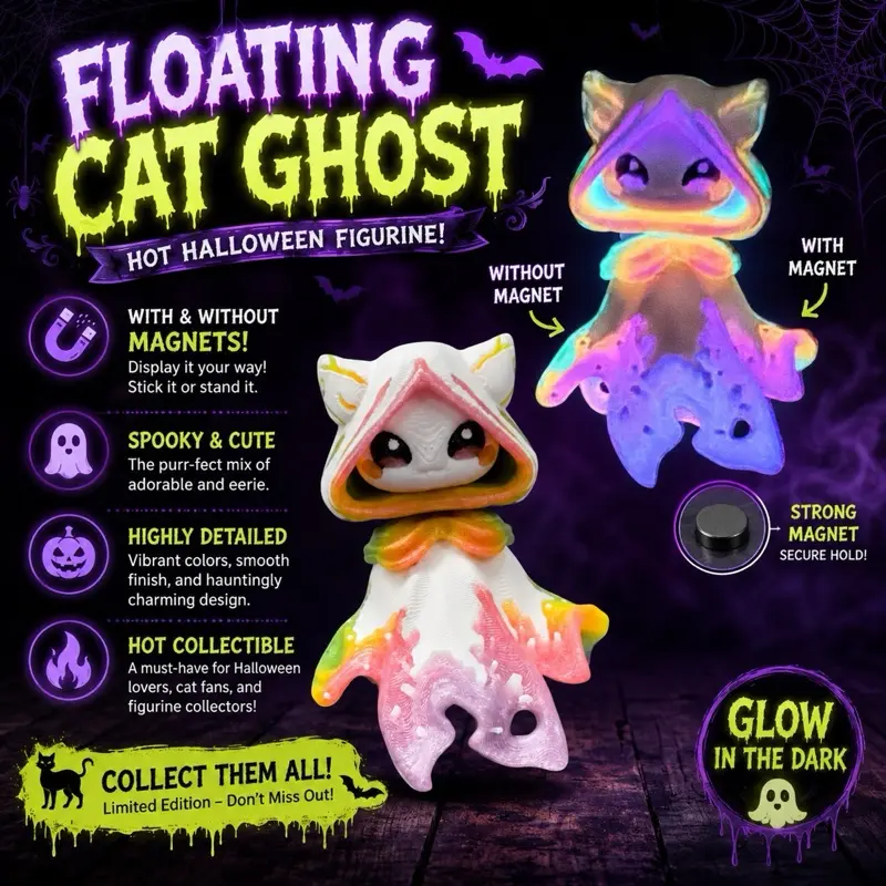 Floating Cat Ghost Figurine - Available in Magnet and Non-Magnet Options