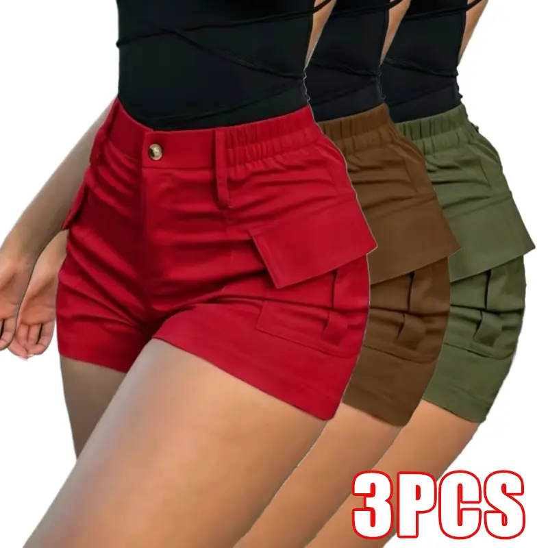 Clean Gent 3-pack new women’s cargo shorts: lightweight summer cargo shorts with an elastic back waist and side pockets for everyday commuting and casual outdoor wear; front button design at the back waist; suitable for daily outdoor wear and vacations.