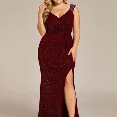 green emerald velvet dress Women Plus Size V-neck Shinning Evening Dress Tea Length Semi-Formal   DolphinBanana