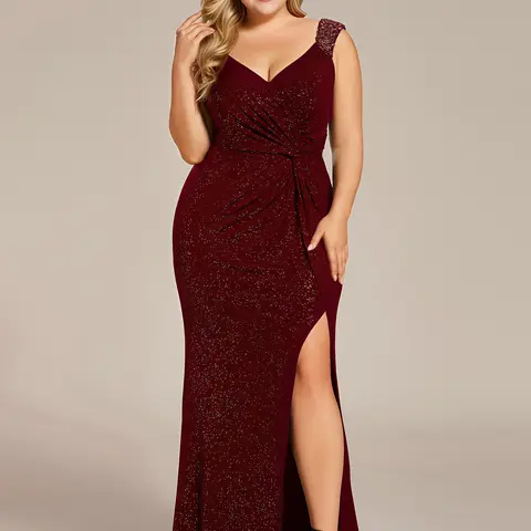 Ever-Pretty Plus Size Women's Formal Classy Maxi Dress - Glitter V-Neck, Sleeveless Sequin Shoulder Straps, High Slit, Zipper Closure, Premium Fabric, Wedding Guest Special Clothing (Dresses for Women, Plus Size Womenswear 01888)