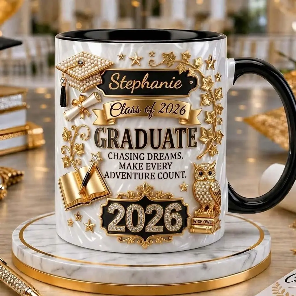 Class of 2026 Mug 2D Printed 3D Effect Ceramic Coffee Cup Personalized Name Stephanie Gold Pearl Graduate Cap Owl Marble Design For Women Senior Graduation Ceremony Gift Keepsake for Daughter Niece Granddaughter