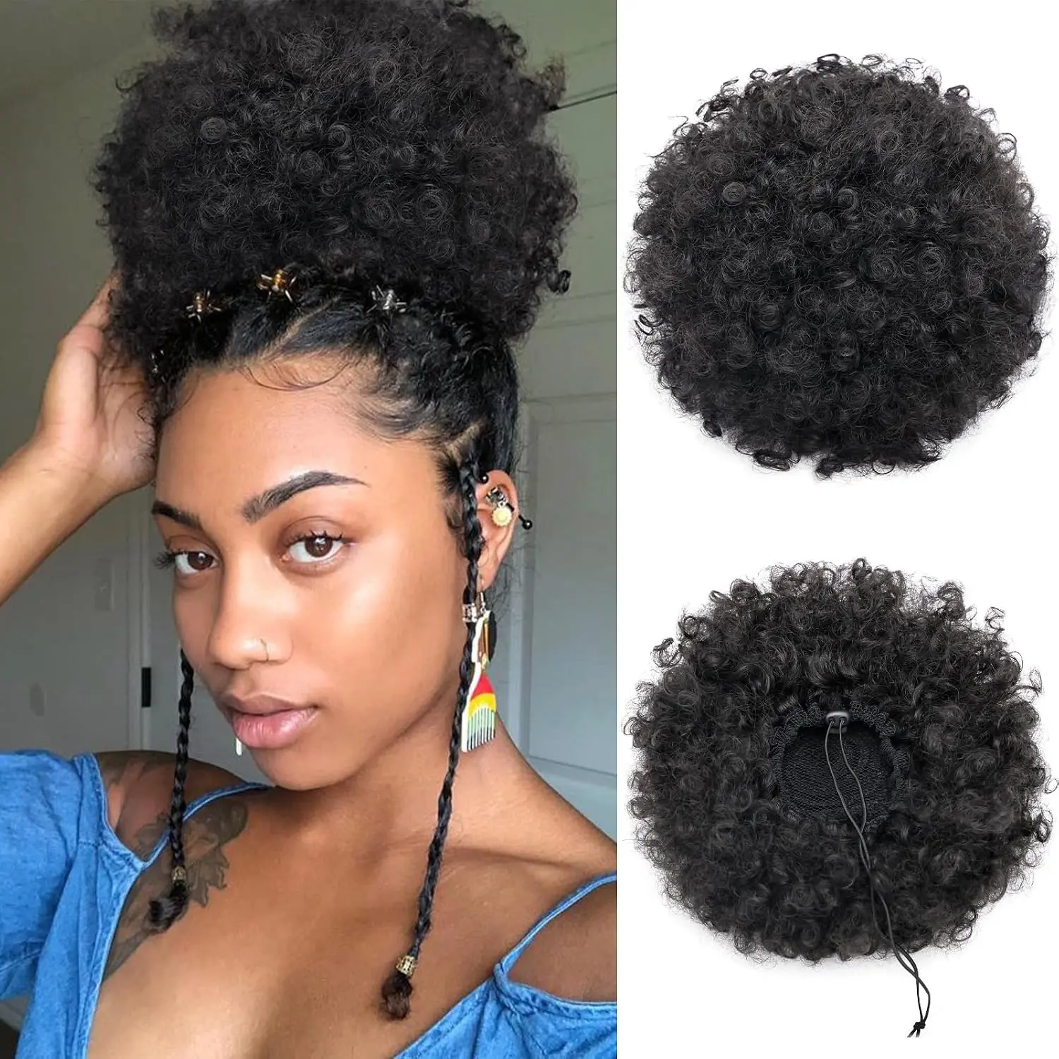 Short Afro Puff Drawstring Ponytail - Human Hair Short Afro Kinkys Curly Afro Bun Extension Hairpieces Updo Hair Extensions with Two Clips Natural Black (1B#)