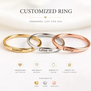 Personalized Stackable Rings Custom Name Text & Date Engraving Meaningful Gift in Gold Silver or Rose Gold Comfort Fit