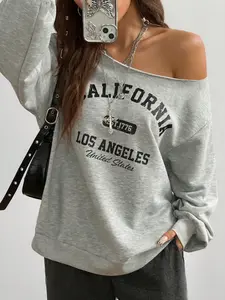 Women's Casual Commuter Loose Off-Shoulder Long Sleeve Top with California Letter Print, Stylish Autumn Winter Party Wear, Comfortable Daily