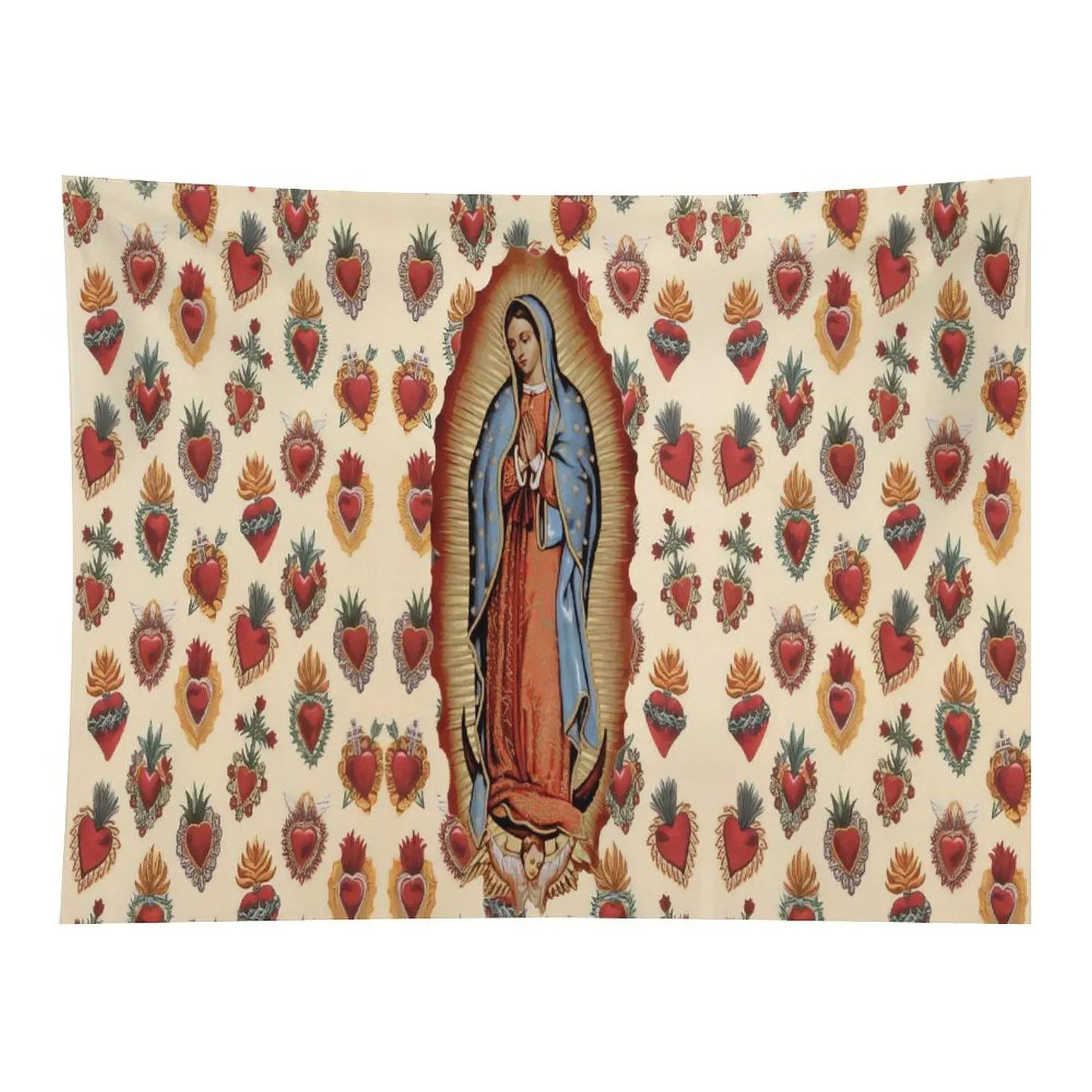 Our Lady of Guadalupe Sacred Heart Wall Tapestry Vintage Mexican Religious Art Virgin Mary Surrounded by Ornate Hearts Cultural Home Wall Decor