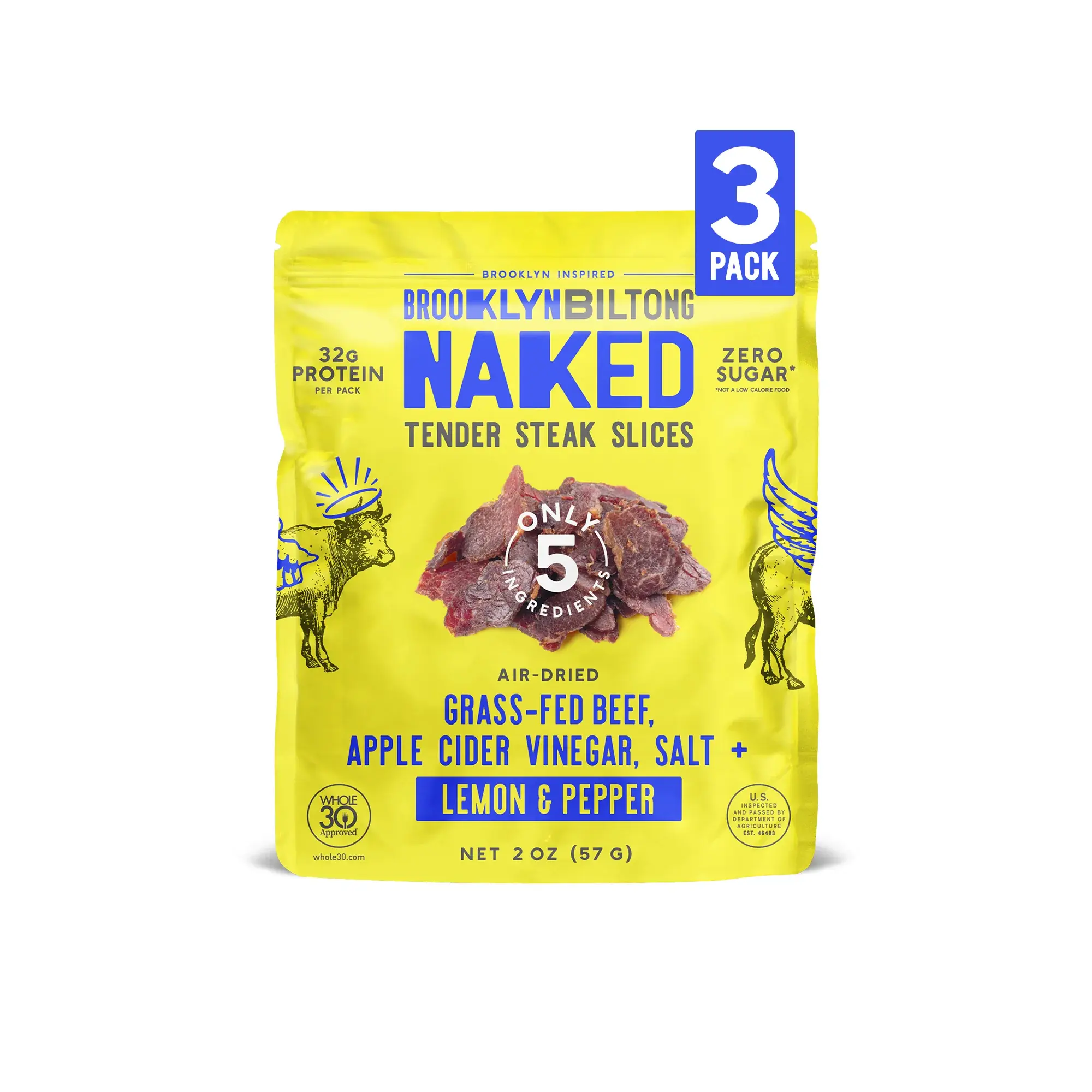 Naked Lemon Pepper Tender Air-Dried Steak Slices, The Ultimate High Protein Snack, No Sugar Gluten Free - 3 x 2oz Bags