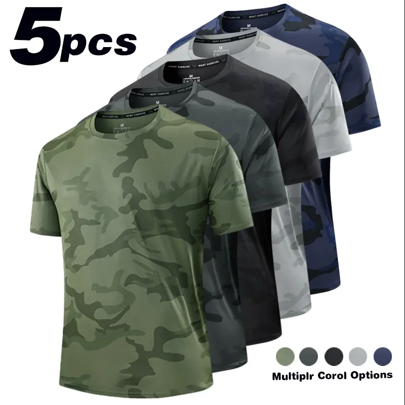 5-pack military style camouflage quick-dry T-shirt, men's high elastic breathable sports short-sleeved shirt, summer outdoor fitness training versatile top