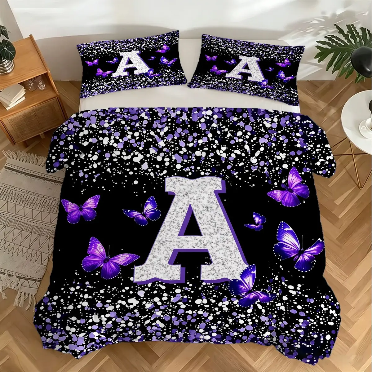 Polyester Purple Glitter Butterfly 26 Letter Duvet Cover Set, Luxury Aesthetic Bedding Set / Soft Breathable Fabric / 1 Duvet Cover & 1/2 Pillowcases / Skin-Friendly / Stylish Home Makeover Essentials for All Seasons Pillowcase 1/2 pcs (No filler)