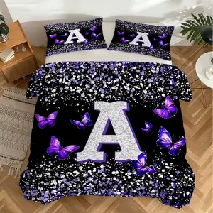 Polyester Purple Glitter Butterfly 26 Letter Duvet Cover Set, Luxury Aesthetic Bedding Set / Soft Breathable Fabric / 1 Duvet Cover & 1/2 Pillowcases / Skin-Friendly / Stylish Home Makeover Essentials for All Seasons Pillowcase 1/2 pcs (No filler)