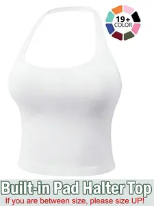 Women's Solid Removable Chest Pad Sports Tank Top, Sleeveless Sports Top, Casual Comfort and Durability Halter Neck Sports Top for Yoga Gym Workout, Ladies Sportswear for All Seasons, Pilates Yoga Wear