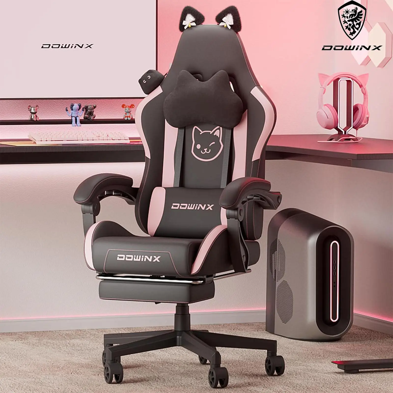 Dowinx Gaming Chair Cute with Cat Ears and Massage Lumbar Support, Ergonomic Computer Chair for Girl with Footrest and Headrest, Comfortable Reclining