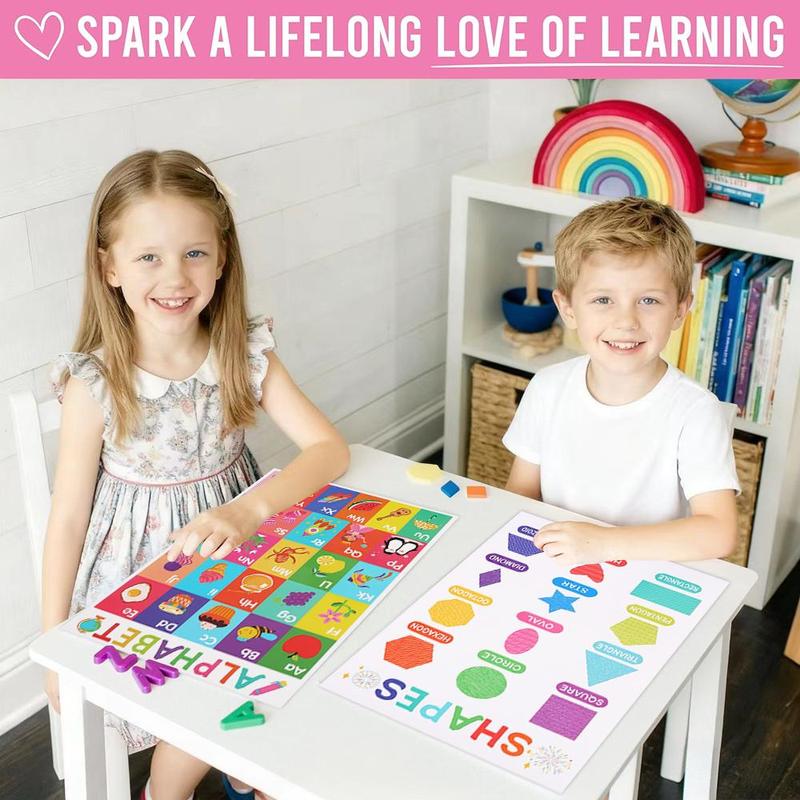 2025 Upgraded Educational Posters for Toddlers 1-3, 18pcs Preschool Learning Kit Alphabet Numbers Colors Shapes Flat Ship Bright Colors Classroom/Home DeerSen