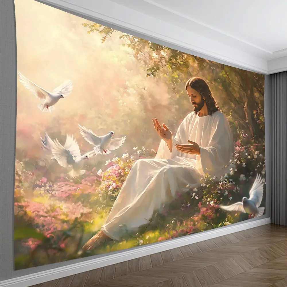 1pc Polyester Painted 2D Flat Glam Jesus in Garden Tapestry Wall Hanging Decor - Feather-Free, Indoor/Outdoor Use, Ideal for Living Room, Thoughtful White Gift Idea