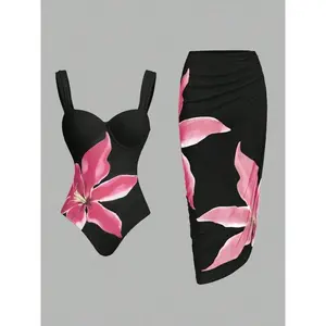 Women's Floral Print Quick-Dry Slim-Fit One-Piece Hip-Wrapped Beach Dress Bikini Swimsuit Set, Floral Pattern Bathing Suit, Retro Elegant Beachwear, Lightweight Skin-Friendly Skirt