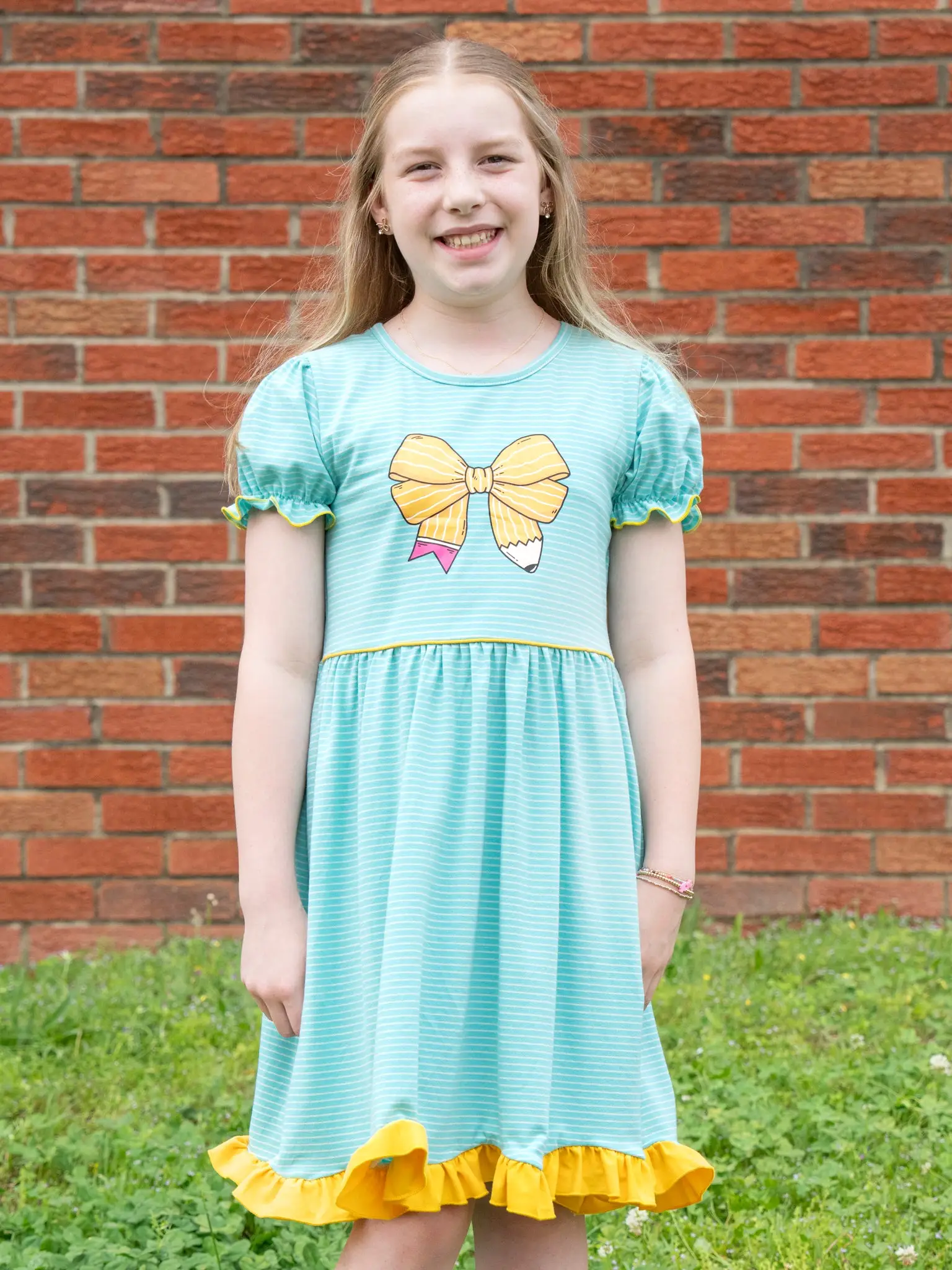 Striped Pencil Bow Ruffle Hem Dress