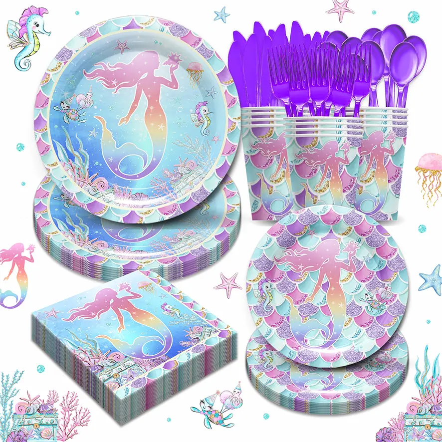 168Pcs Disposable Mermaid Theme Tableware Set - Serves 24, Under The Sea Ocean Party Supplies Set Package with Paper Tableware, Plates & Cups, Napkins, Cutlery for Girls' Birthday Decorations, Disposable Tableware Set