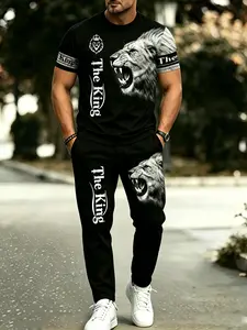 Men's Lion King Print 2-Piece Outfit, Casual Short Sleeve T-Shirt & Drawstring Pants Set fathersdaygift