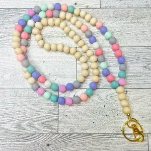 Multicolored Wooden Teacher Lanyard with Colorful Beads and Gold Charm Accessory