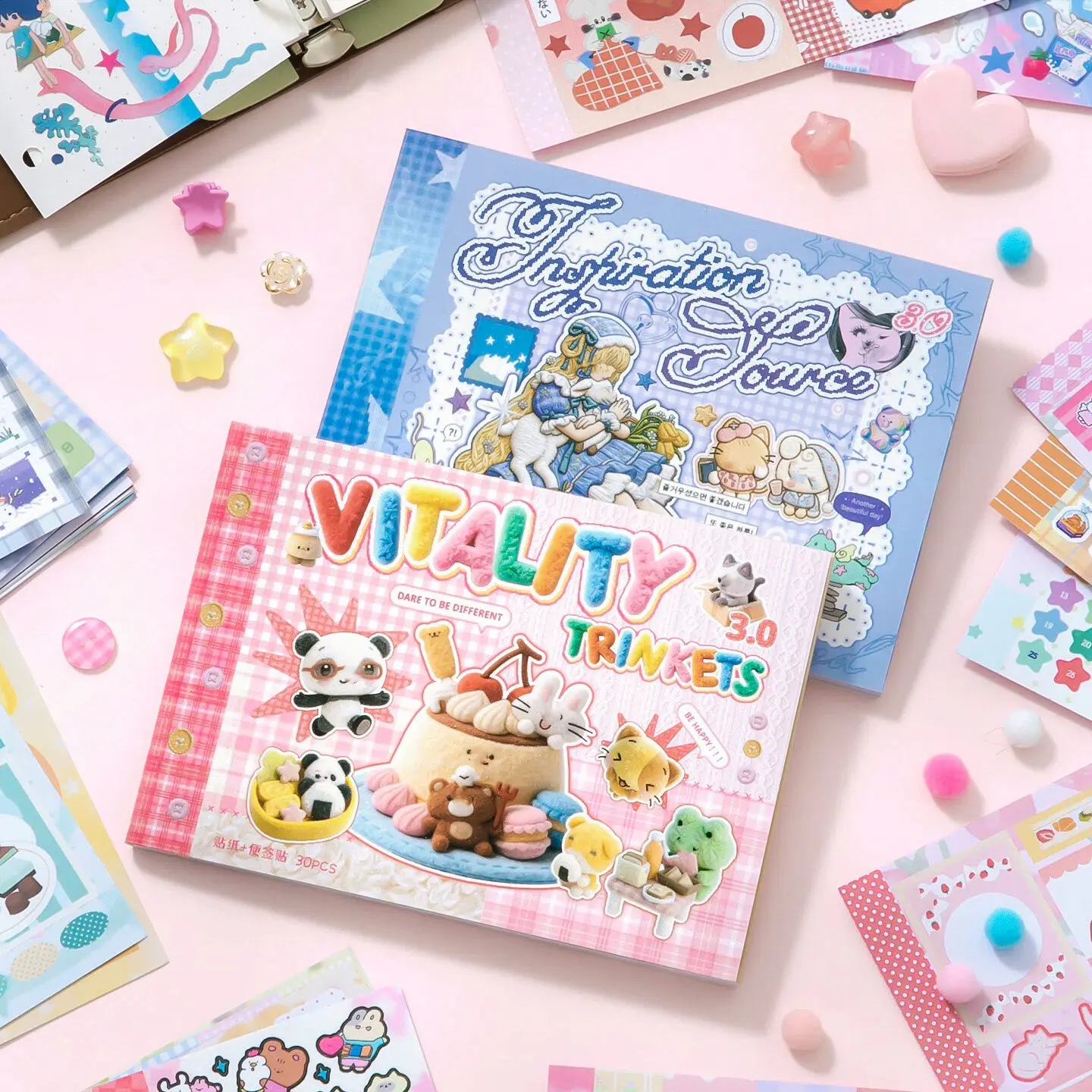 A6 Dual Decal Stickers Book (Single/Bundle) - 30 Sheets Tear into 60 M5 Pages, Dreamy Coquette Cutecore Kawaii Plush Cute Stickers for Scrapbooking, DIY Crafts