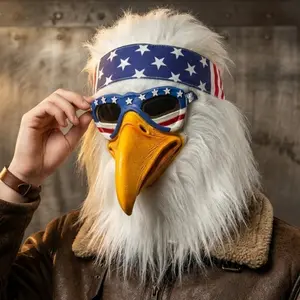 Adult Bald Eagle Rubber Mask with Flag Bandana, Polyester Furry Animal Bird Headpiece, Party Costume Accessory for 4th of July, Halloween Cosplay Props