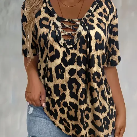 [Plus Size] Women's Leopard Print Tee, Casual Lightweight Fitted Summer T-Shirt, Plus Size Top for Daily Wear