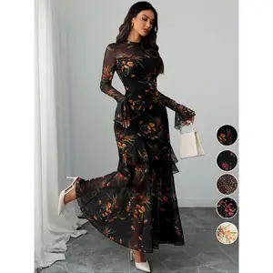 Women's Floral Print Dress, Elegant Gothic Long Sleeve Dress for Party Holiday Wedding Guest, Ladies Clothes for All Seasons