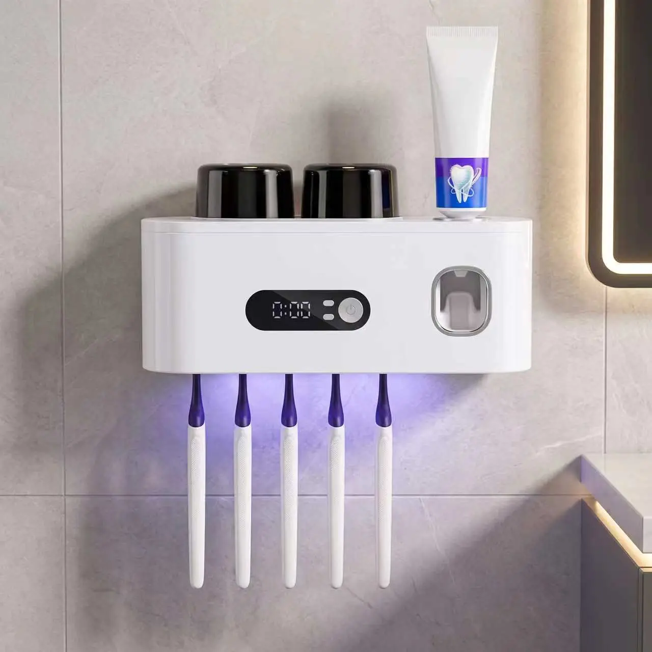 UVC Toothbrush Sterilizer with Time Display, Auto Toothpaste Squeezer and 2 Tooth Cups, Rechargeable Type-C Charging Toothbrush Holder, Drill-Free Bathroom Storage Rack for Family Oral Care