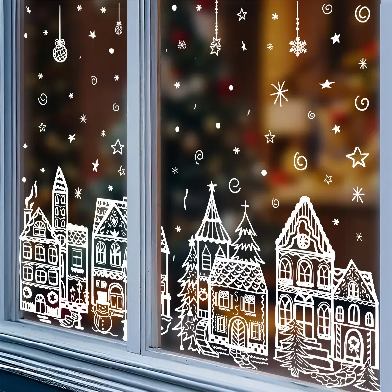 4 Christmas Window Stickers, House Snowman Snowflake Glass Decals, Double-Sided Party Decorations, Holiday Home Decoration, Removable Window Decal