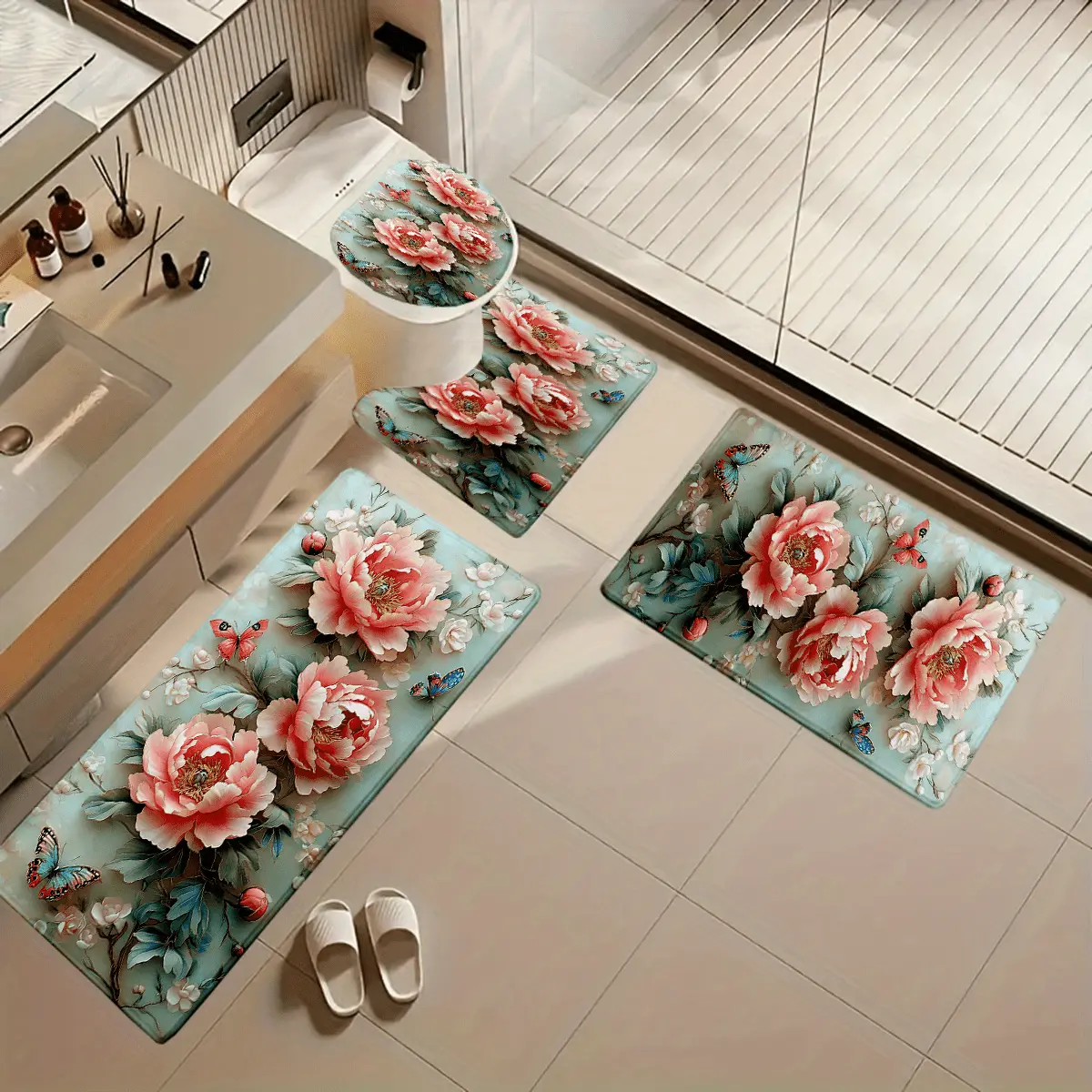 Joyfinity 4pcs Set Peony Butterfly Printed Bathroom Protective Mat Set, Non-slip Bathroom Mat, Flannel Bathroom Mat, Bathroom Floor Mat, Toilet Mat Universal Soft Comfortable, Home Decoration, Sets Spring Decoration