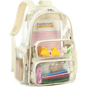 Clear Backpack Heavy Duty PVC Transparent Bag See Through BookBag for Student School Work Festival  Travel(17 Inch,Beige)