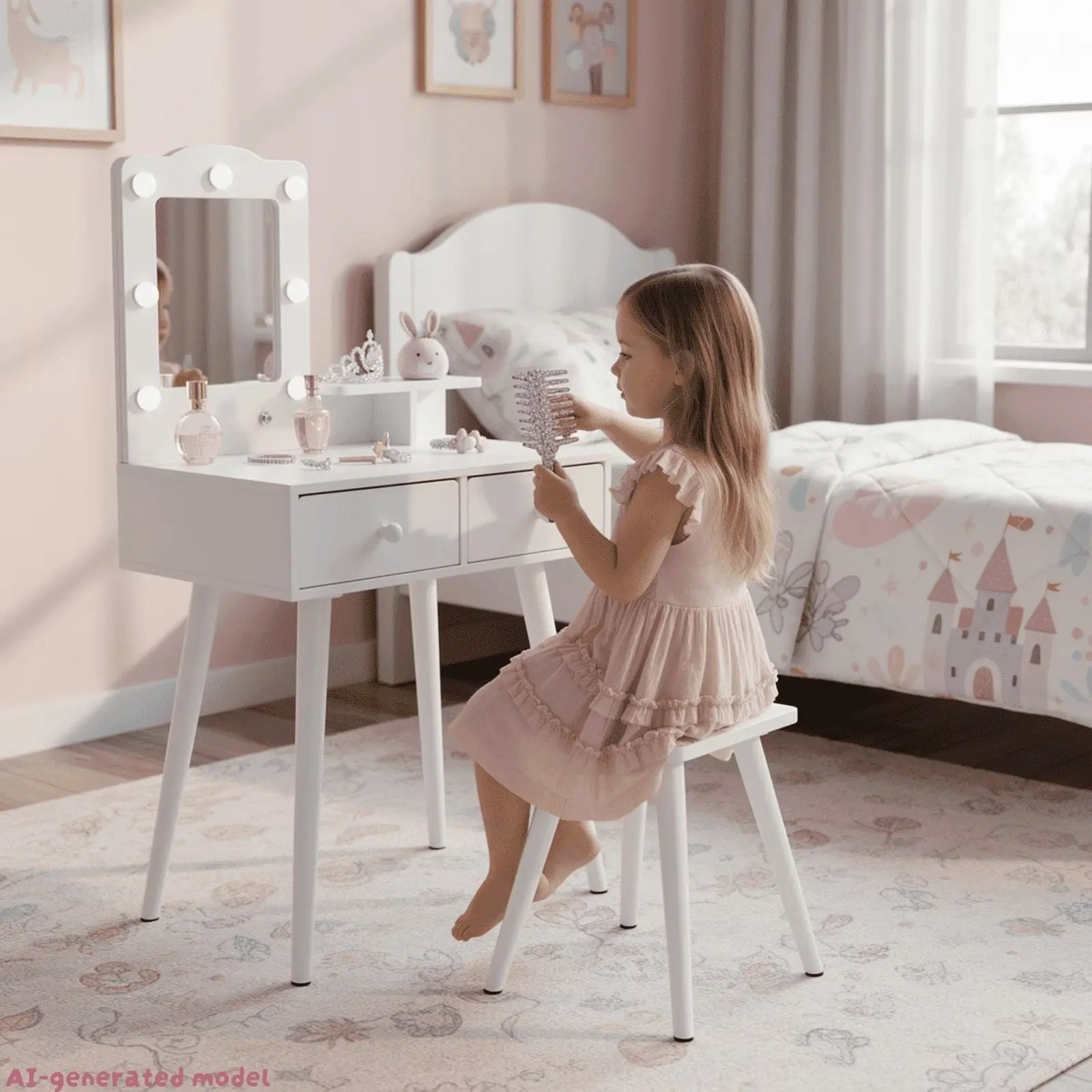 MAMIZO Wooden Kids Vanity Set with LED Lights, Acrylic Mirror, 2 Storage Drawers & Chair - Princess Theme Girls' Montessori Multi-Activity Table for Kids Room, Toddler Daughter Gift, 23.6"L X 15.7"W X 35.4"H