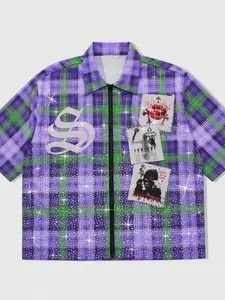 1pc Men's Rhinestone Plaid Graphic Casual Style Shirt Zip Up Collar Orange & Blue Checked Long Sleeve Streetwear Fashion Top For Men US UK Trending