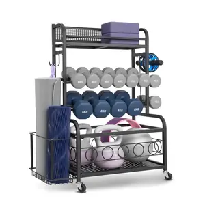 VEVOR Yoga Mat Storage Rack, Home Gym Workout Equipment Organizer, Powder Coated Finish Steel Yoga Mat Holder with Hooks Wheels, Weight Rack for Dumbbell, Kettlebell, Foam Roller, and Yoga Strap