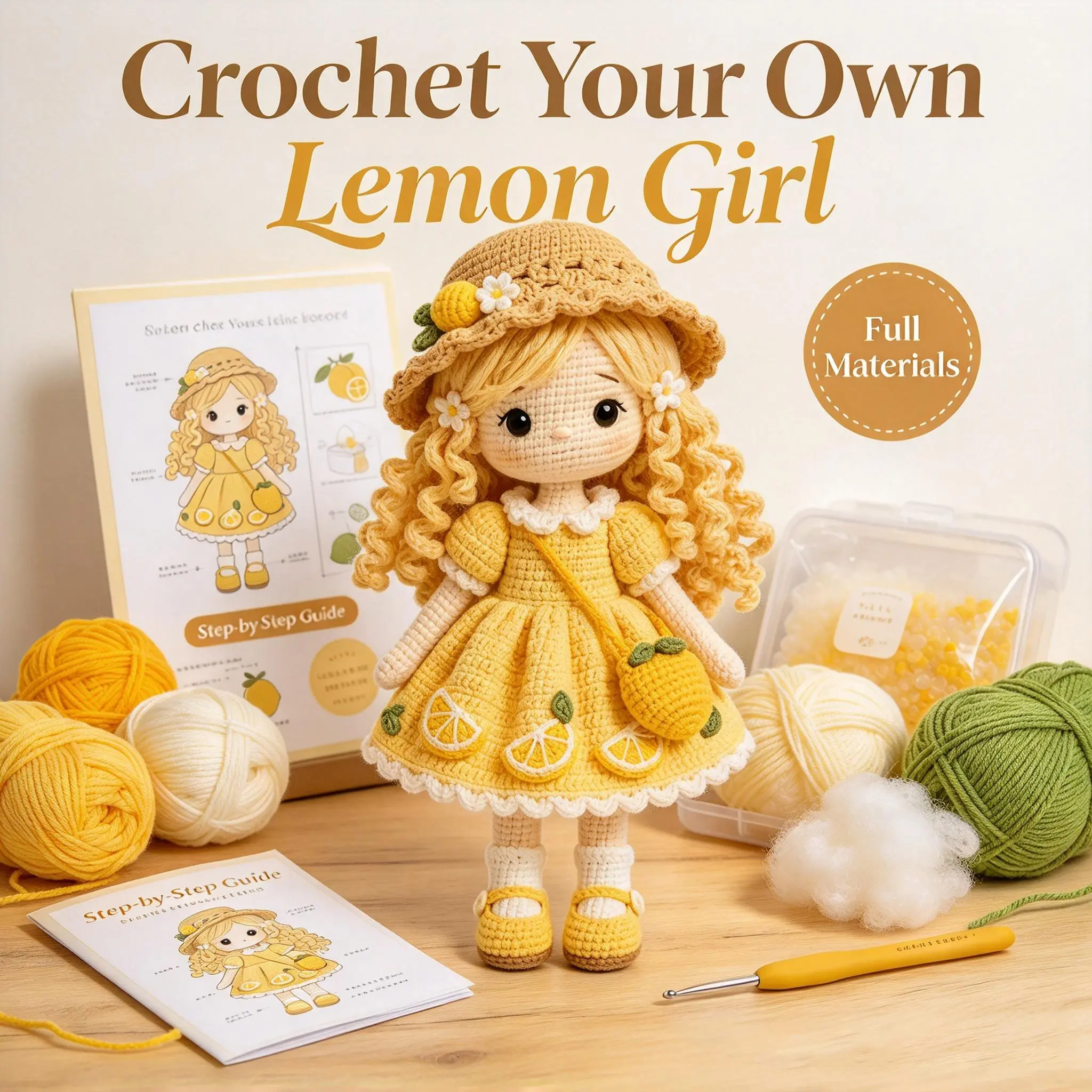1 Set Lemon Grove Girl Crochet Kit, Cute Amigurumi Doll Kit with Premium Yarn, Hook, Stuffing, Accessories and Detailed Step-by-Step Tutorial, Beginner Friendly Adult DIY Craft, Perfect for Home Decor, Handmade Gifts, Christmas, Halloween and Summer Decor