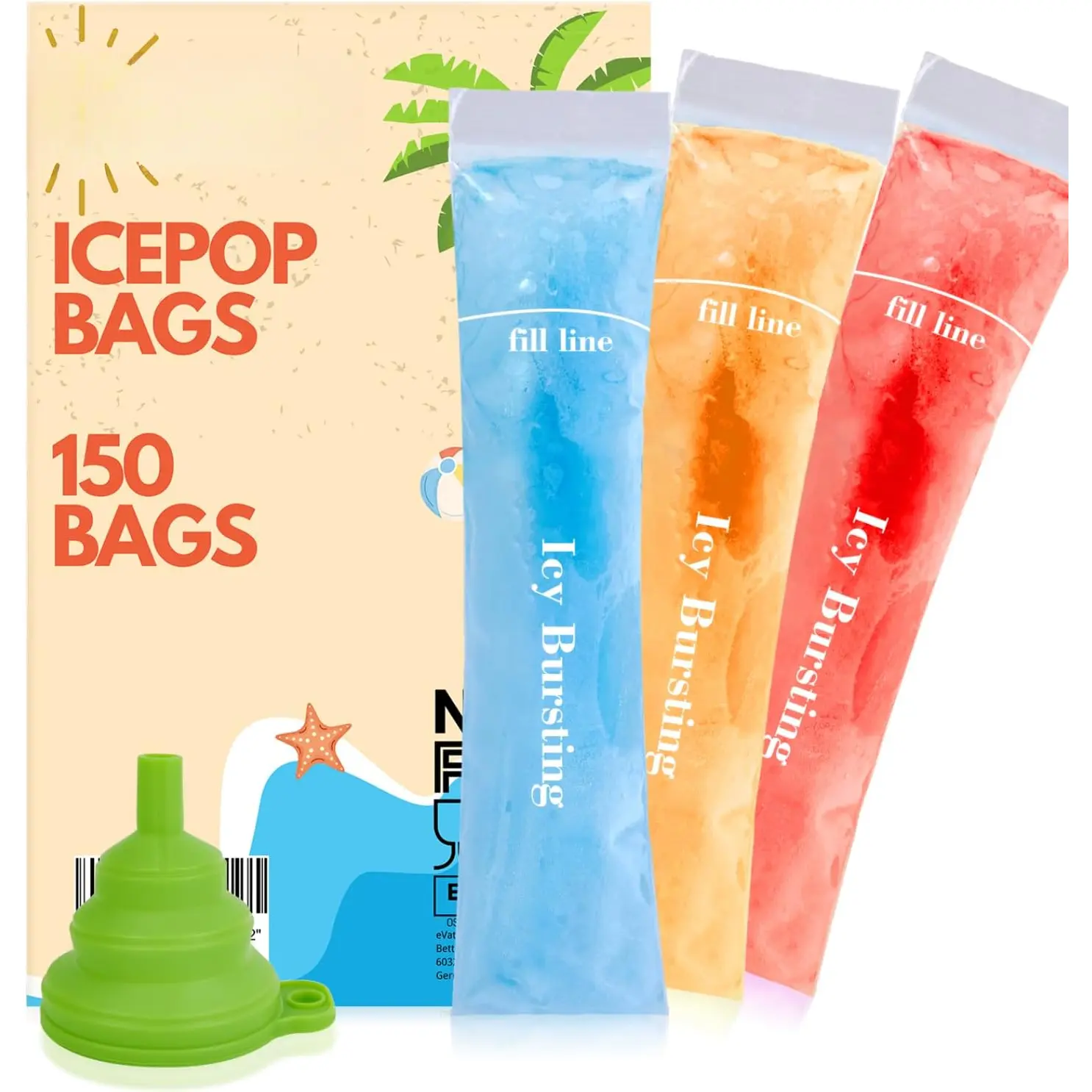 150 Disposable Ice Popsicle Mold Bags (8x2") for DIY  Fruit Snacks, Juice & Smoothies, Ice Pops Molds | BPA-Free, Zip Seals, Funnel Included