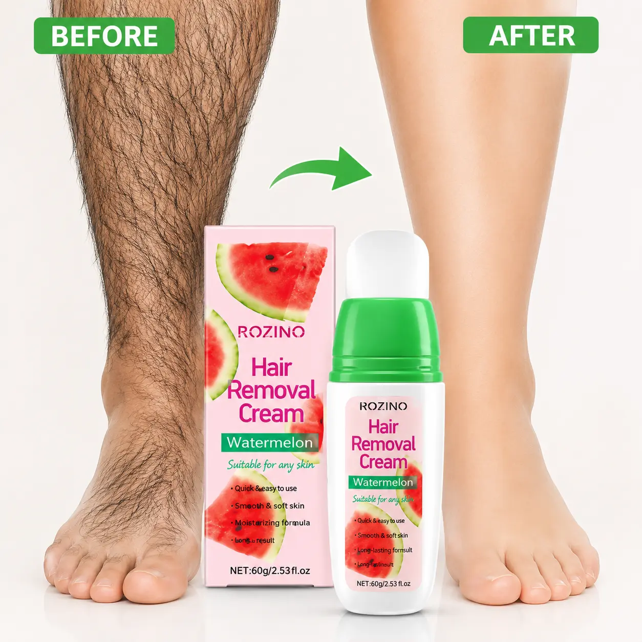 ROZINO 3-in-1 Watermelon Scent Hair Removal Cream - Fast Hair Removal, Deep Moisturizing, Gentle Care for Smooth Skin, Daily Body Care
