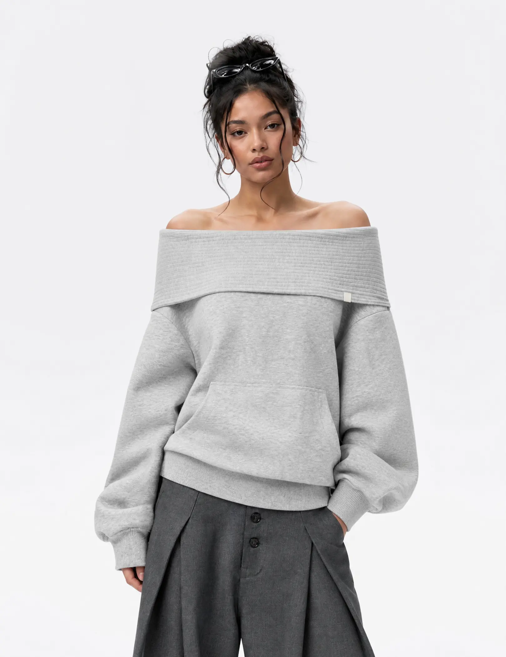 Aelfric Eden Women's Thick Chunky Knit Off-Shoulder Collar Hoodie - Relaxed Boxy Silhouette, Balloon Sleeves, Style Vibe Lazy Casual Sweatshirt